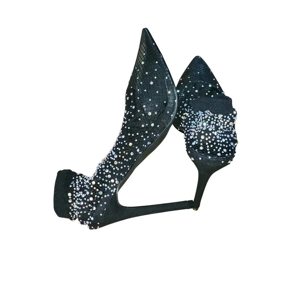Black Rhinestone Mesh Sock Ankle Boots Pointed Toe Stiletto Heels Glamour